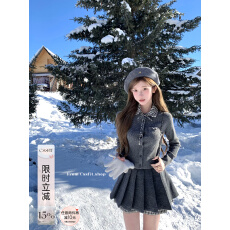 批发迟伞伞 mar格纹翻领针织开衫百搭上衣拼接格纹毛呢<b class='q'>百褶</b>裙短裙女