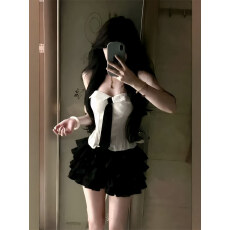 批发纯欲风性感白色领带鱼骨抹胸背心<b class='q'>蓬蓬</b>半身裙两件套女夏季新款套装