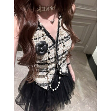 批发车迟恩Chien 小香风<b class='q'>马甲</b>短款上衣夏季 千金感复古粗花呢v领背心女