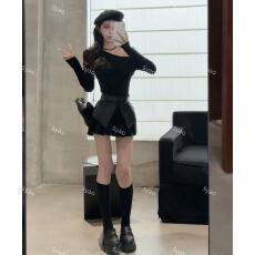 批发法式御姐风黑色斜领露肩长袖<b class='q'>连衣裙</b>女秋冬气质收腰显瘦百褶短裙子