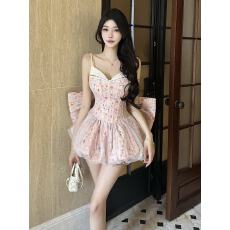 批发越南少女大蝴蝶结蓬蓬敢吊带礼服裙甜美撞色网纱<b class='q'>花苞</b><b class='q'>连衣裙</b>配短裤