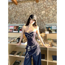 批发灰尘邓邓 韩系穿搭套装女2026夏季新款条纹抹胸上衣直筒裤两件套