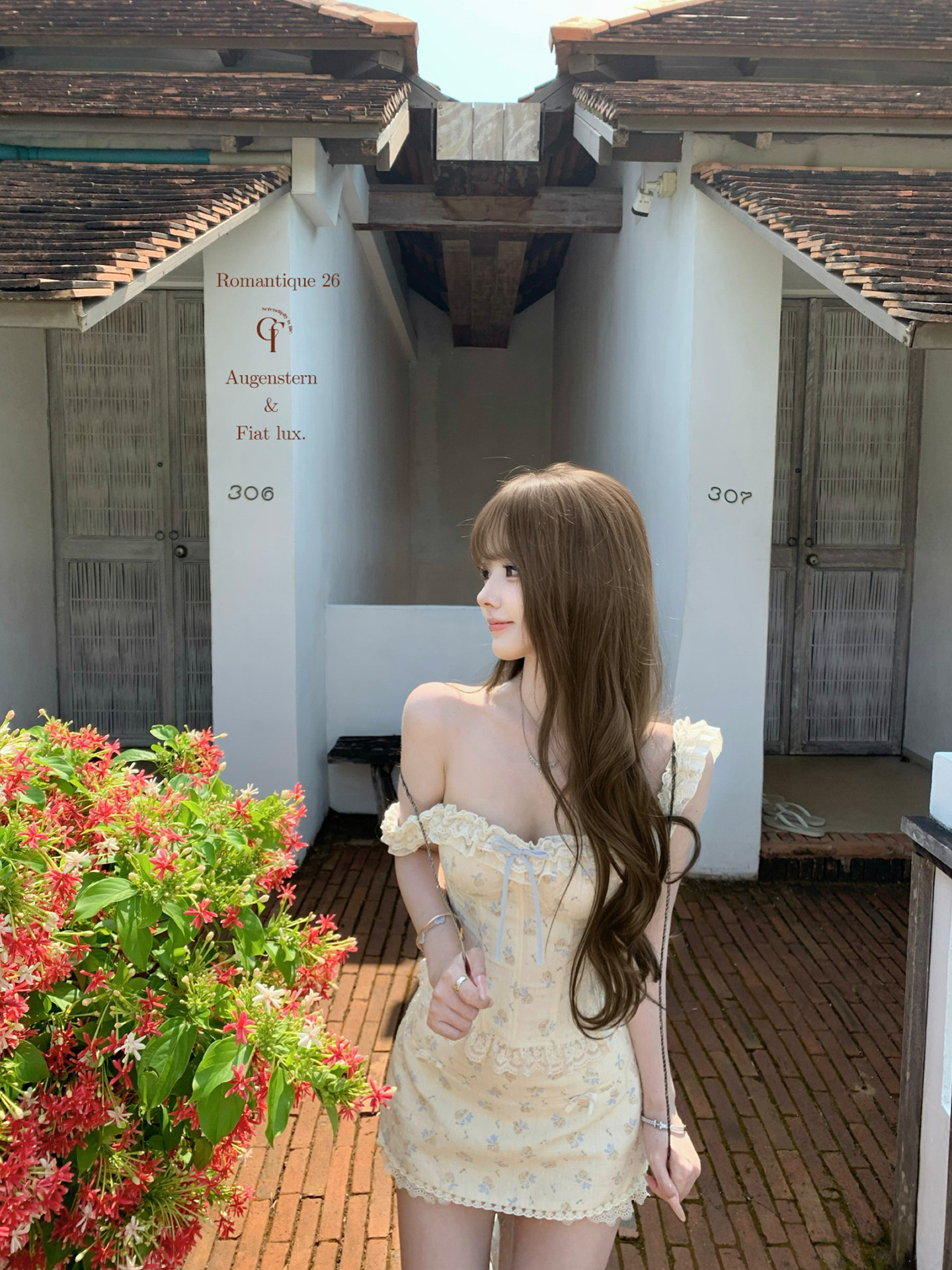늦게 우산 우산 26 ss 밝은 주황색 빛 작은 노란색 꽃 배색 자수 레이스 레이스업 맨위 미니 스커트 달콤함 세트
