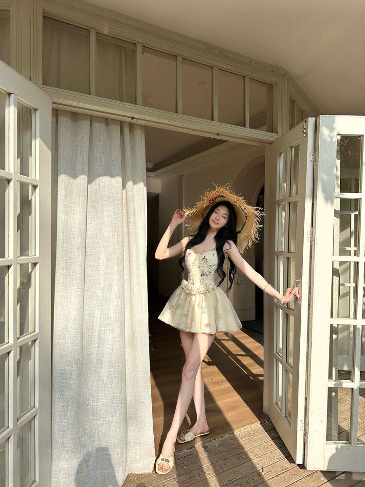 동백 나무 재스민 가져 가라. 딸기 달콤함 슬립 꽃 망사 프랑스식 요정 부서 여자 드레스