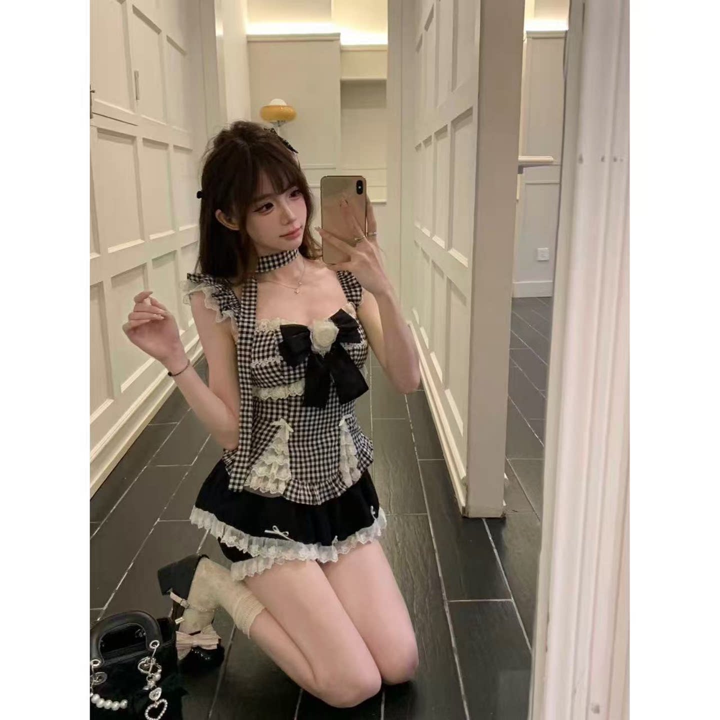 그리드 새싹 소녀 린 린 있음 바쁜 귀여운 소녀 바람 몸매 가꾸기 슬림해 보이는 레이스 레이스 절묘한 투피스 세트