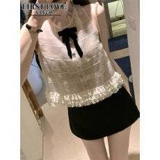 批发贝拉衣橱 多层细闪欧根纱丝绒蝴蝶结无袖上衣黑色显瘦气质裙裤夏