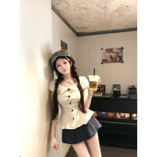 批发【瑞茜】海盐奶盖 春夏纯欲辣妹风短袖衬衫上衣裙子 R66582-1H