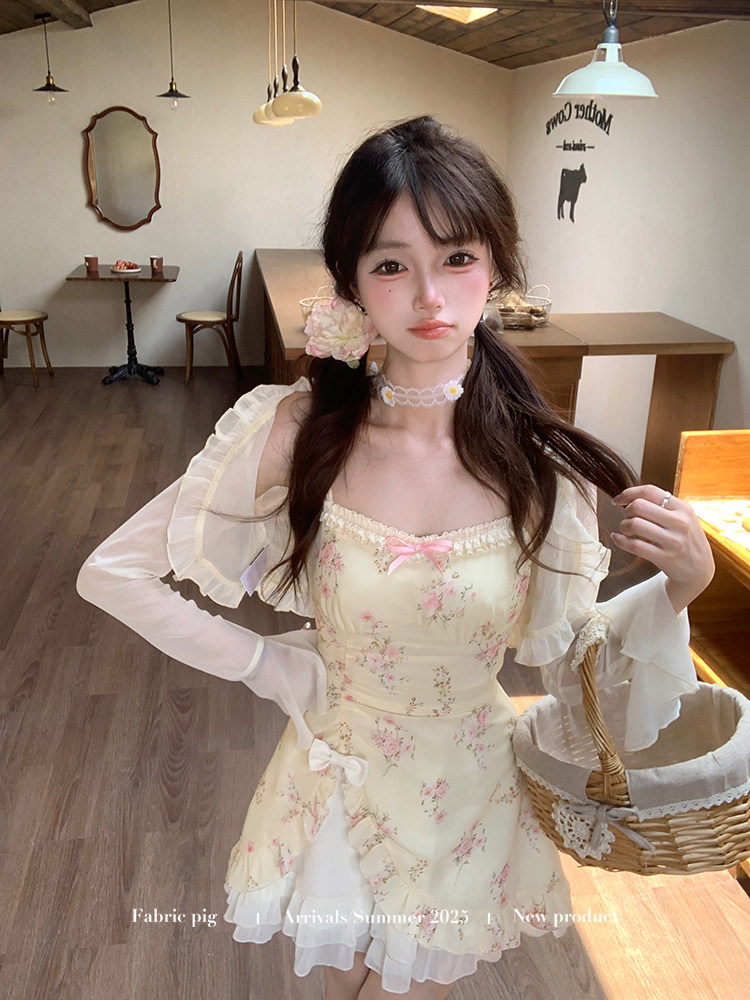 직물 돼지 천 골드 엄마 De 린 달콤한 스타일 꽃무늬 슬립 여성 드레스 여름 프릴 트임 허리 수축 미니 스커트
