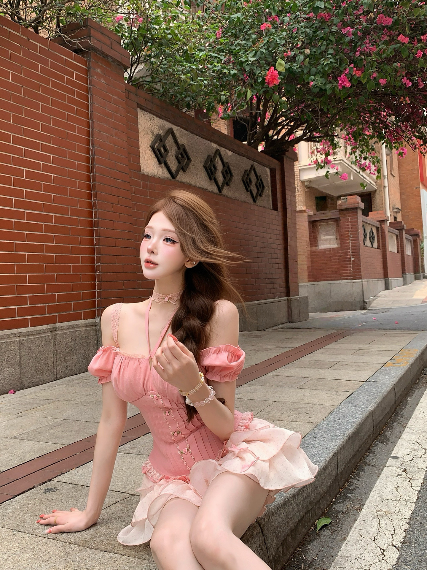 루이 茜 분말 사쿠라 이동 봄 여름 달콤함 슬림해 보이는 반팔 달콤함 착용 잡아라. 의류 반 스커트 r50016-1x
