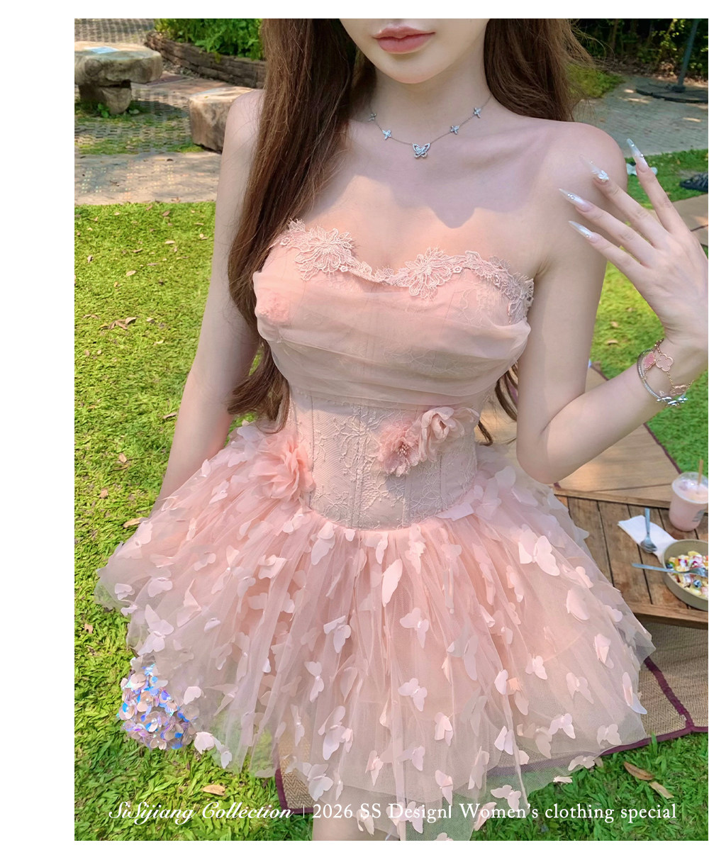 sisi jiang 여름 꽃 잔치 프랑스식 부드러운 낭만주의 3 차원 나비 망사 품격 퍼프 드레스