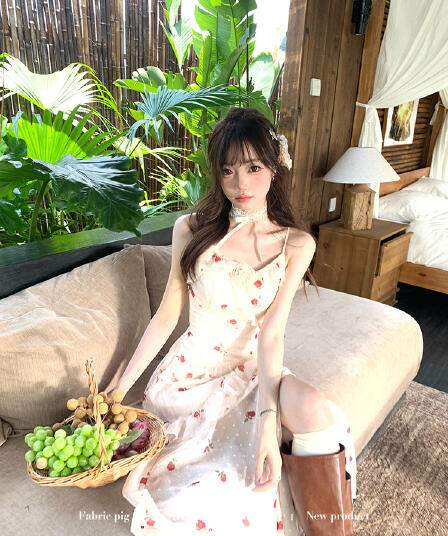 직물 돼지 fabricpig 하트 비트 장미 순수한 욕망 장미 꽃무늬 슬립 여성 드레스 여름 불규칙 롱 스커트