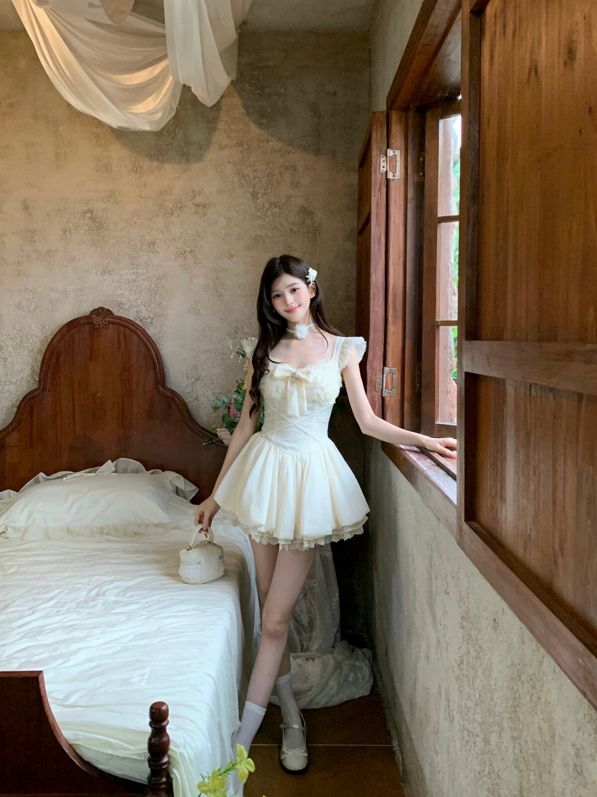 기타 한 작은 물고기 musefish 진정한 사랑 오는 프랑스식 무거운 작업 레이스 측면 공주 꽃밭 치마 허리 수축 드레스