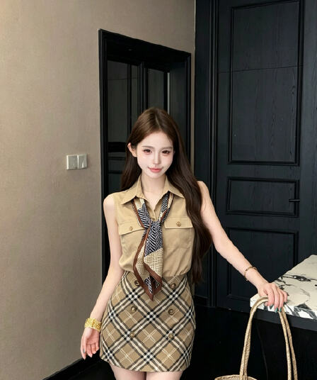 mei zi 아름다운 자세 의류 어린이 나만의 것을 가져와 라. 안전 바지 체크무늬 반신 스커트 두 조각 세트 조립 탈착식 스카프