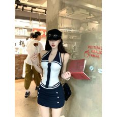 批发学院风套装女夏季韩系辣妹V领挂脖上衣包臀半身短裙JK制服<b class='q'>两件套</b>
