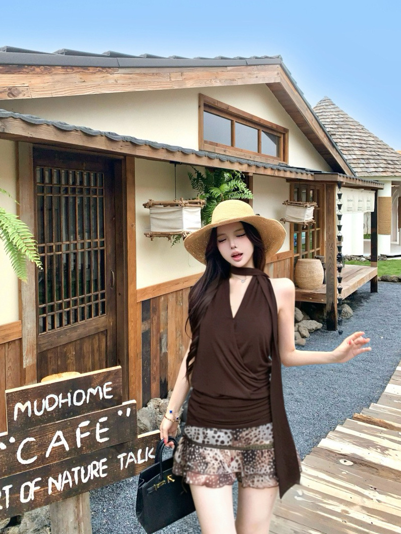 실사 라이 경기 서울 레트로 행침 목 레이스업 맨위 분위기 센스 레오파드 무늬 쉬폰 반신 스커트 프릴 반 스커트