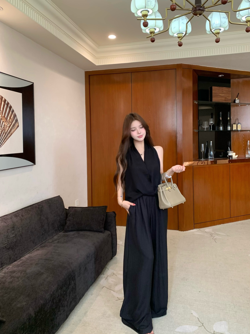 실사 똑똑한 감기 주름 아마 행침 목 셔츠 여름 느슨함 아마 휴가 바람 루즈핏 와이드 레그 팬츠 세트