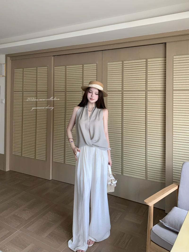 실사 똑똑한 감기 주름 아마 행침 목 셔츠 여름 느슨함 아마 휴가 바람 루즈핏 와이드 레그 팬츠 세트