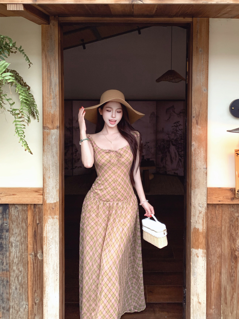 실사 레트로 나비 매듭 스트랩 배색 체크무늬 핀치 Pleat 롱 스커트 체크무늬 드레스