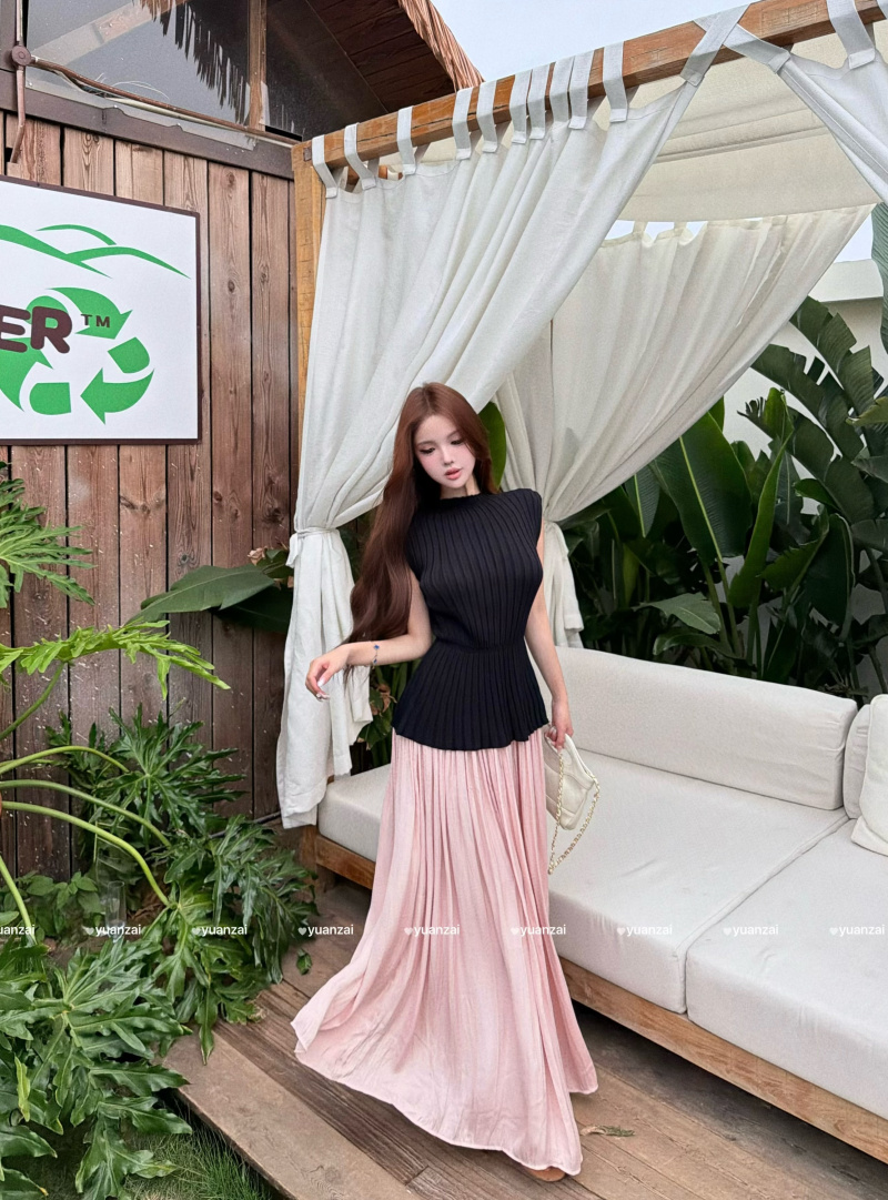 실사 여름 섹션 플리츠 허리 수축 슬림해 보이는 라운드 넥 얼음 실크 반팔 맨위 우아함 표지 넓적 다리 품격 롱 스커트 세트