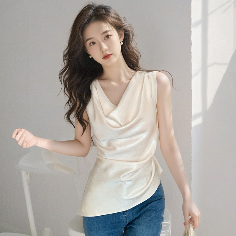 MY7668# 夏季新款韩版百搭堆堆领亮晶晶无袖衬衫女上衣女裝貨源服裝批發