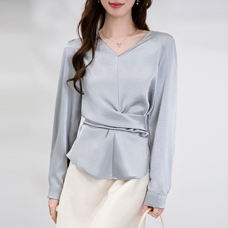 FA36129# 秋季新款韩版百搭后系带长袖缎面衬衫女上衣秋  服裝批發女裝批發服飾貨源