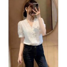 批发有货2026夏季新款韩版百搭V领刺绣短袖衬衫女上衣夏