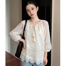 批发有货2026夏季新款<b class='q'>韩版</b>百搭圆领系带灯笼袖七分袖娃娃衫<b class='q'>衬衫</b>女