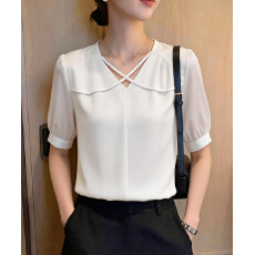 批发有货2026夏季新款<b class='q'>韩版</b>百搭V领短袖缎面<b class='q'>衬衫女</b>上衣夏
