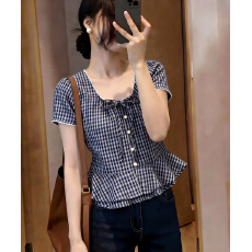 批发有货实拍2026夏季新款圆领蝴蝶结系带短袖格子衬衫女上衣夏小衫