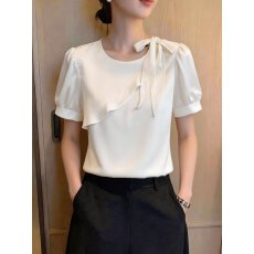批发有货2026夏季新款<b class='q'>百搭</b>蝴蝶结系带钉珠短袖衬衫女上衣缎面小衫
