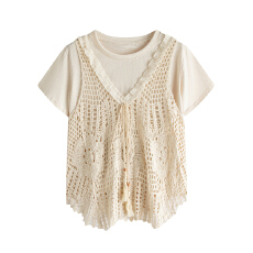 批发有货实拍2026夏季新款短袖T恤+镂空吊带两件套上衣女