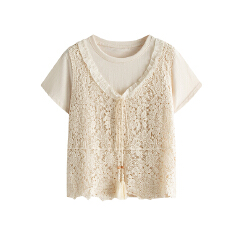 批发有货实拍2026夏季新款减龄短袖T恤+镂空吊带两件套上衣女夏季