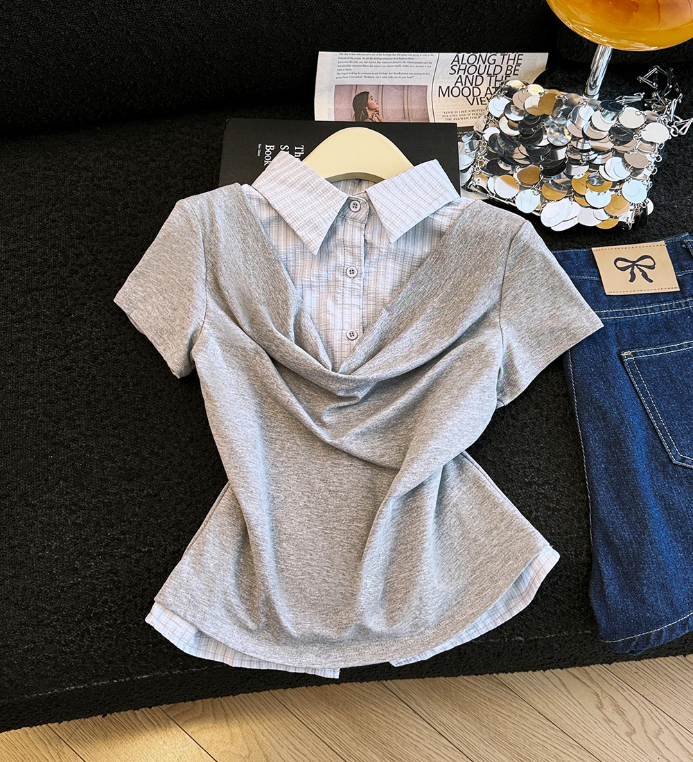 재고 있음 2026 여름 새로운 한국 스타일 다용도 페이크 레이어드 셔츠 여성 셔츠 여름 작은 셔츠