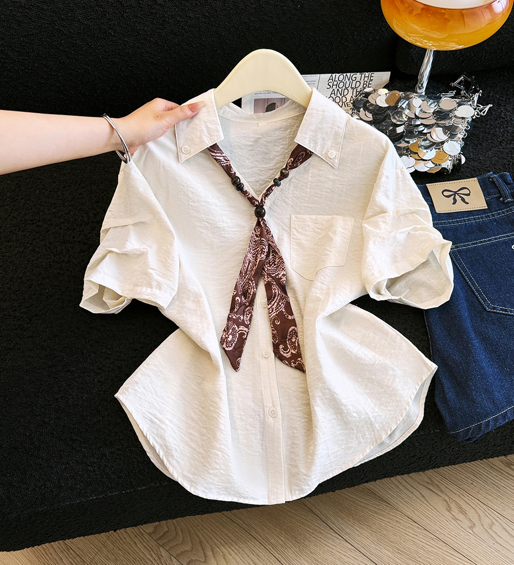 재고 있음 2026 여름 새로운 한국 스타일 다용도 말뚝 더미 소매 벨트 넥타이 반팔 셔츠 여성 셔츠 여름 작은 셔츠
