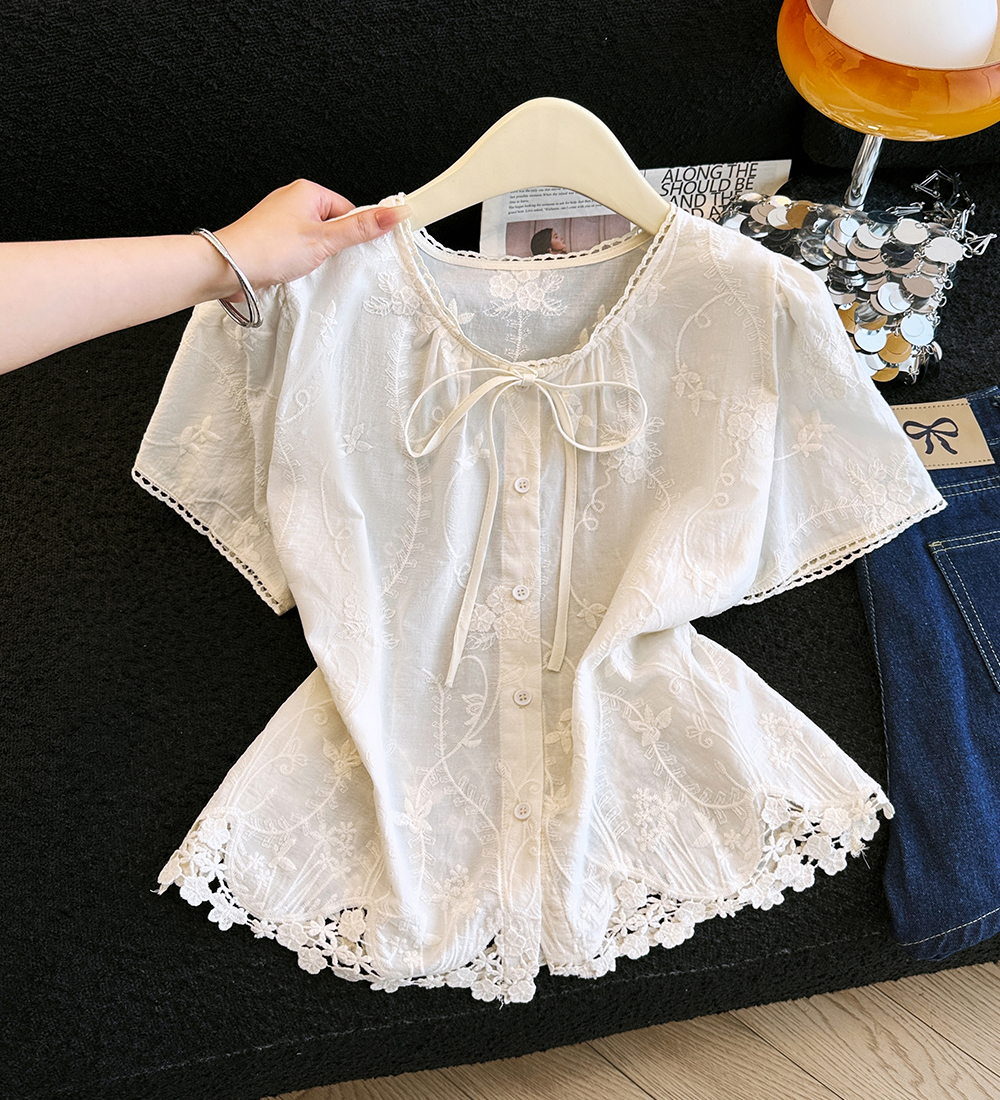 재고 있음 2026 여름 새로운 레이스업 패치워크 자수 원단 반팔 셔츠 여성 셔츠 여름