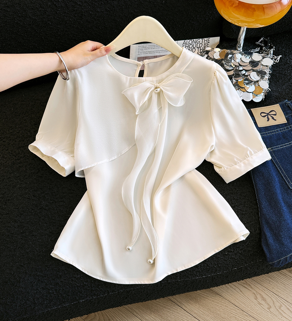 재고 있음 2026 여름 새로운 반팔 새틴 나비 매듭 비즈 박기 셔츠 여성 셔츠 여름 작은 셔츠