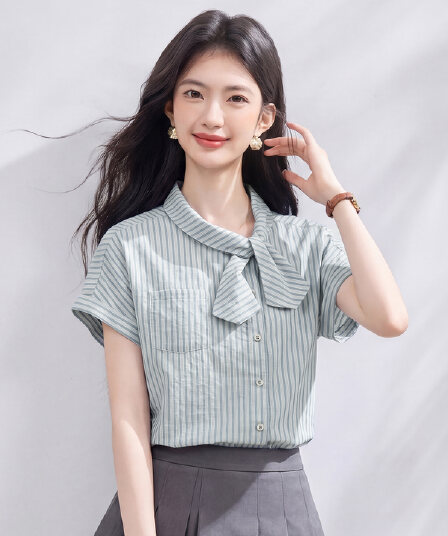 재고 있음 실사 레트로 비대칭 나비 넥타이 작은 셔츠 여름 새로운 비스듬한 문 襟 디자인 스트라이프 여성 셔츠