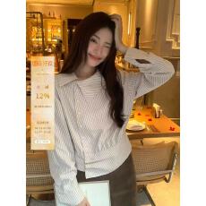 批发已出货◆米杏色条纹斜领衬衫女秋小众设计感衬衣<b class='q'>通勤</b>休闲上衣