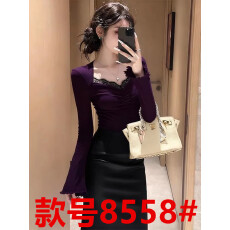 批发法式紫色蕾丝边长袖上衣女2025新款秋季独特漂亮气质<b class='q'>修身</b>显瘦小衫