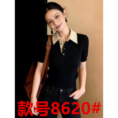 批发法式黑色绞花polo领冰丝针织短袖t恤女夏季设计感<b class='q'>短款</b>修身上衣薄