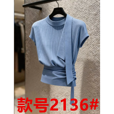 批发蓝色飘带短袖上衣<b class='q'>通勤</b>风收腰显瘦设计感气质2026春季新款小众女装