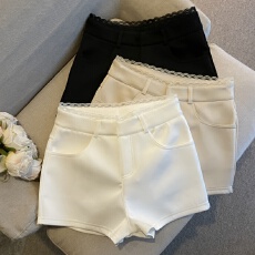 批发实拍 小香风<b class='q'>蕾丝</b>边白色短裤女外穿秋冬高腰显瘦阔腿裤休闲西装裤
