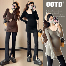 批发实拍，秋冬新品孕妇打底上衣纯色百搭针织衫套头大方领喇叭袖