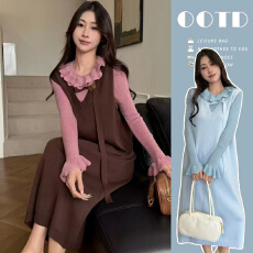 批发大量出货 2025秋冬新款<b class='q'>孕妇</b><b class='q'>韩版</b>针织毛衣背心裙＋花边打底两件套