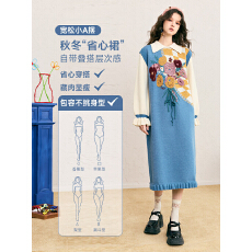 批发大量出货2025秋冬新款蓝色花神迷宫针织毛衣裙中长款<b class='q'>假两件</b><b class='q'>连衣裙</b>