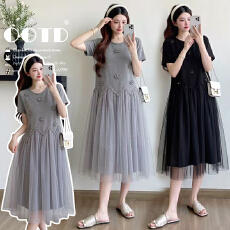 批发有货 实拍2026夏季新款<b class='q'>钉珠</b>花朵针织裙拼接网纱时尚宽松<b class='q'>连衣裙</b>