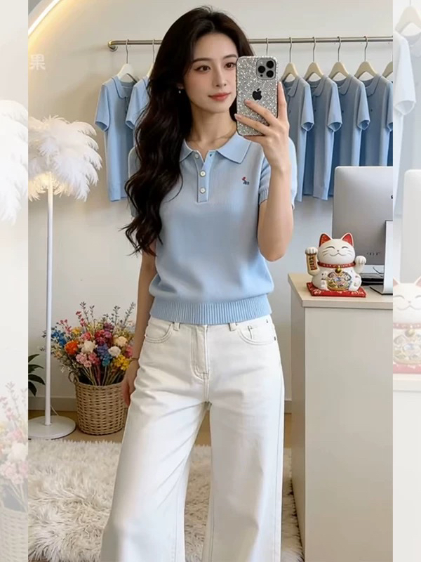 POLO 칼라 반팔 니트 스웨터 여성 패션 봄 여름 파란색 작은 키 슬림해 보이는 표지 고기 연령 감소 품격 다용도 맨위