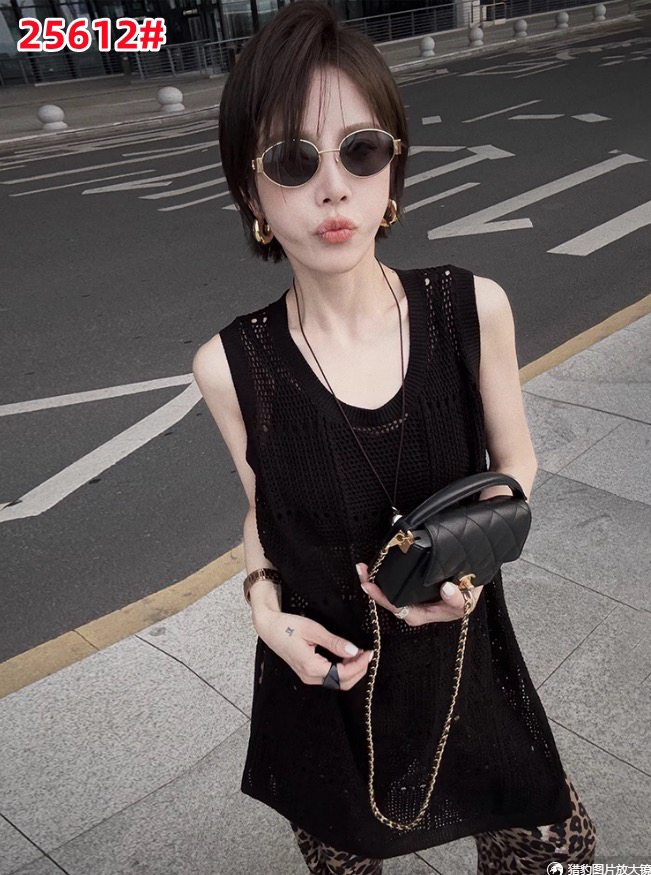 치우 조금 리 그래. 여름 섹션 라운드 넥 홀로우 아웃 니트 블라우스 루즈핏 슬림해 보이는 필요 없음 조끼 여성 드레스