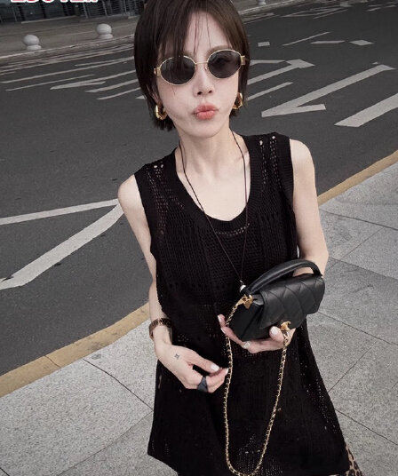 치우 조금 리 그래. 여름 섹션 라운드 넥 홀로우 아웃 니트 블라우스 루즈핏 슬림해 보이는 필요 없음 조끼 여성 드레스