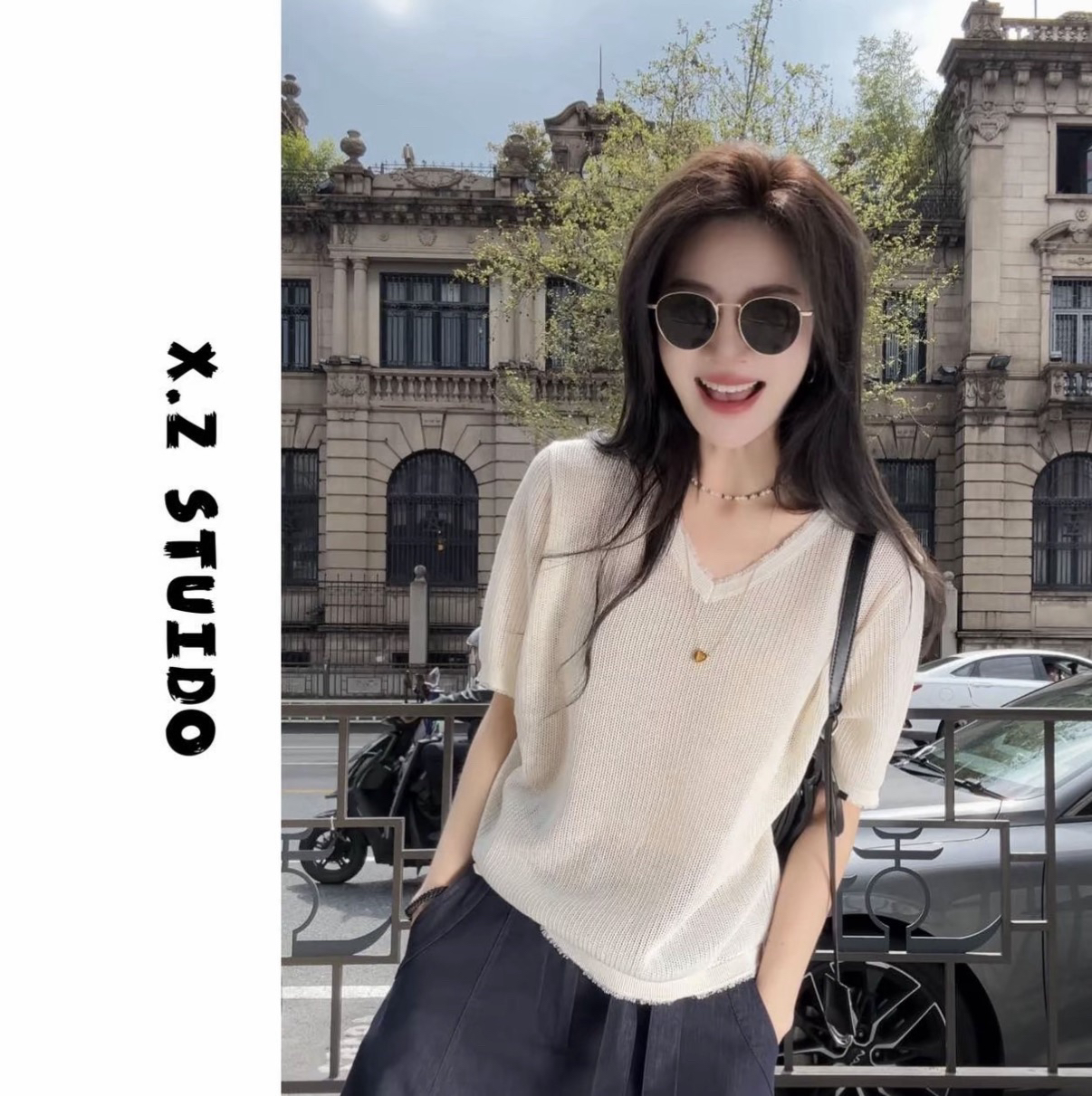 x.zhen 익스트림 제인 V넥 반팔 맨위 여성 폭발 2026 새로운 외국 가스 수 있습니다. 외출용 이른 봄 아름다운 의류